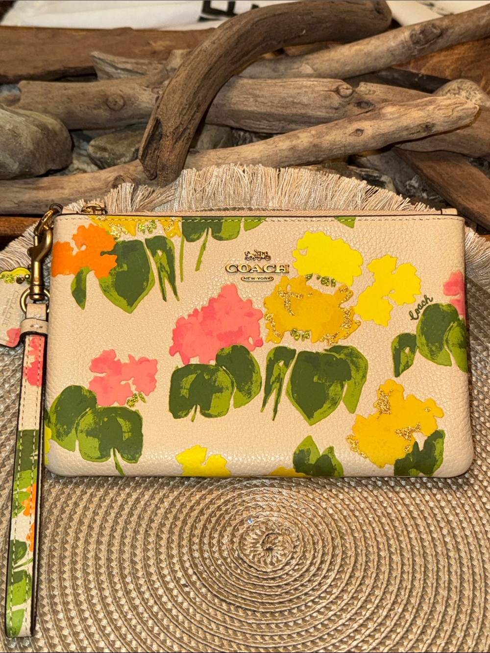 Coach Floral Wristlet in Cream with Yellow, Pink & Green Accents